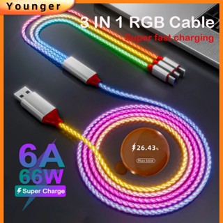 3in1 6A 66W RGB สายชาร์จเร็วมาก Type-C Micro USB สายชาร์จ ไหลลื่น สีสัน เรืองแสง สายข้อมูล สําหรับ i-Phone Android