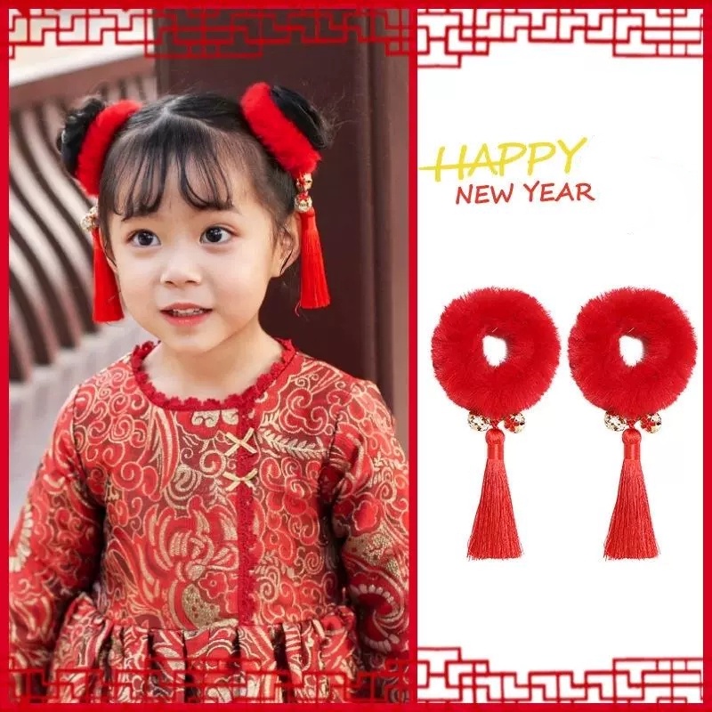 ยางรัดผมหางม้า ประดับพู่ ผ้ากํามะหยี่ขนนิ่ม สีแดง สไตล์จีน สําหรับตกแต่งปีใหม่