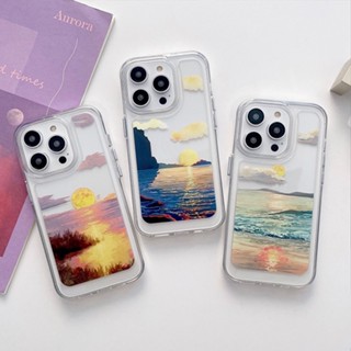 เคสโทรศัพท์ อะคริลิค ลายภาพวาดสีน้ํามัน รูปพระอาทิตย์ตก สําหรับ iPhone 11 14 13 12 11 X 8P 7P