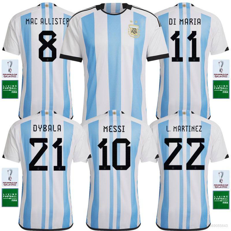 เสื้อกีฬาแขนสั้น ลายทีมชาติฟุตบอล Argentina Messi Di Maria Martinez Dybala น่ารัก 22-23 World Cup ชุดเหย้า
