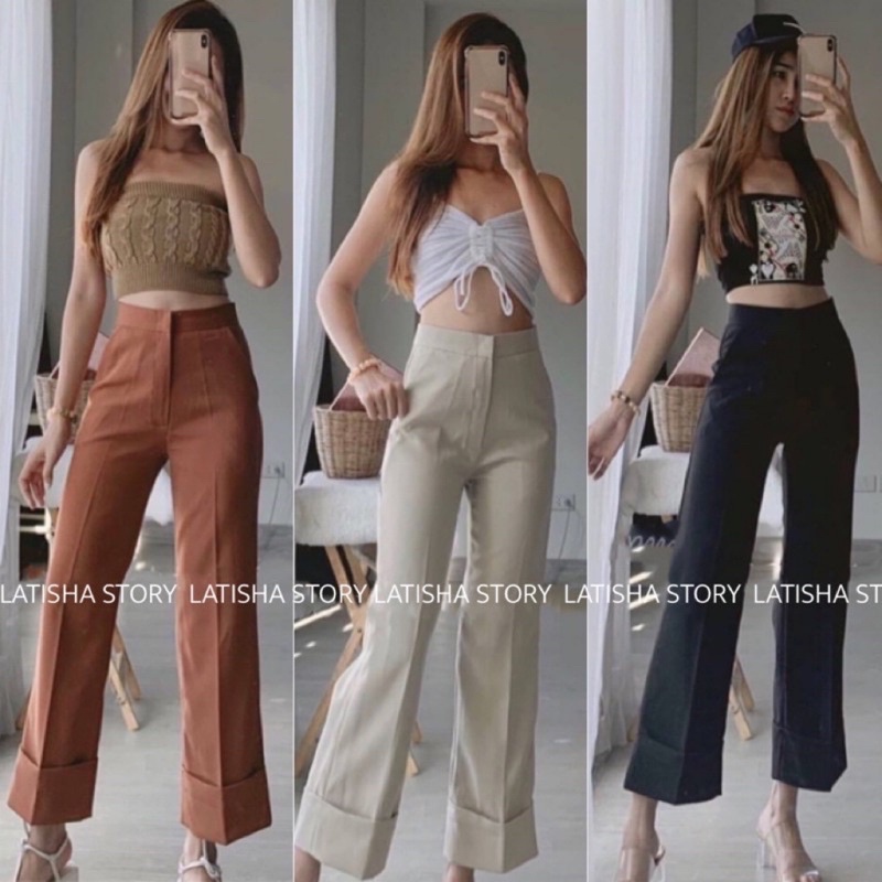 (B) กางเกงทรงกระบอก พับขาเอวสูงผ้าเปเป้ พร้อมส่ง
