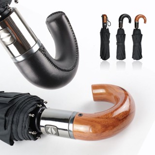 2022 Automatic Umbrella Wind resistant 3Fold Women Leather Wood Handle Business British Style Umbrella Men&amp;#39;s Gift La