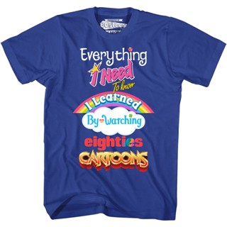 Mens Everything I Need To Know Eighties Cartoons T-Shirt เสื้อยืดสีขาวผู้ชาย เสื้อคนอ้วน