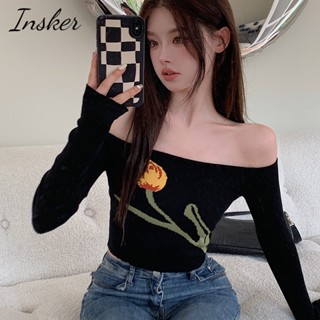 Insker- เสื้อแขนยาว เปิดไหล่ข้างเดียว ผ้าถัก ทรงสลิมฟิต แฟชั่นฤดูใบไม้ร่วง สําหรับผู้หญิง