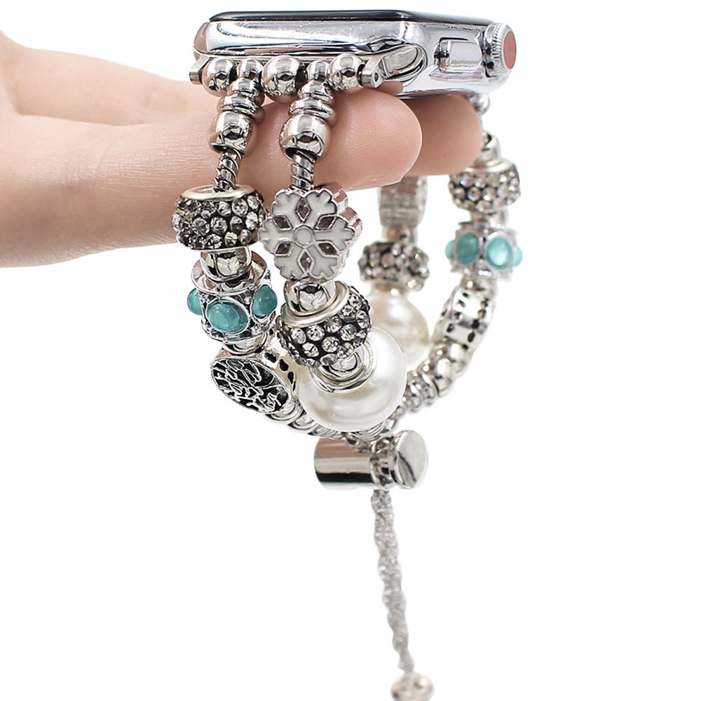 Bling DIY Vintage Beaded Diamond Watchband สําหรับ IWatch Strap Series 10/9/8/7/6/SE/5/4/3/2/1,SE2, Ultra ขนาด 38 มม.40 มม.46MM 44 มม.41 มม.45 มม.42 มม.49 มม.คู่มือ Charm สร้อยข้อมือสายรัดข้อมือ