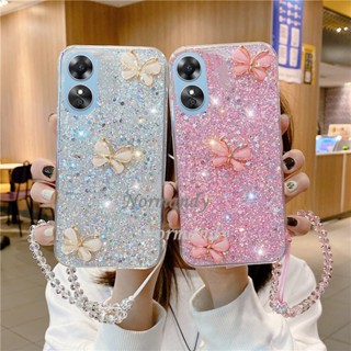 เคสโทรศัพท์มือถือ ซิลิก้าเจลนิ่ม TPU กันกระแทก ลายผีเสื้อ 3D ประดับคริสตัล ระยิบระยับ พร้อมสายคล้องข้อมือ แฟชั่น สําหรับ OPPO A17 A17K A77S A57 4G A77 5G A16K