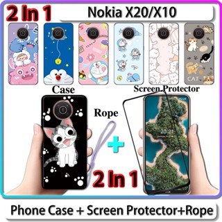 เคส Nokia X20 X10 2 IN 1 พร้อมกระจกกันรอยหน้าจอเซรามิกแบบโค้งแมวและโดราเอมอน