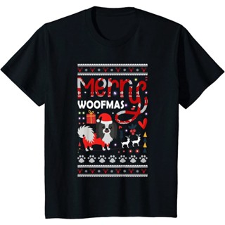 T-Shirt เสื้อกันหนาวเสื้อยืดผ้าฝ้ายพิมพ์ลาย Merry Woofmas สไตล์ย้อนยุคสําหรับผู้ชาย ชุดคริสต์มาสใหม่