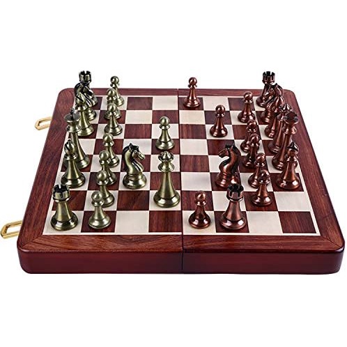 30CM Metal Chess Pieces  Set with Folding Wooden Chess Board and Classic Handmade Standard Pieces Metal Chess Set for Ki