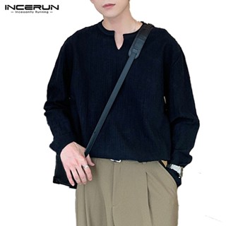 Incerun เสื้อยืดแขนยาว ผ้าถัก สีพื้น สไตล์เกาหลี สําหรับผู้ชาย