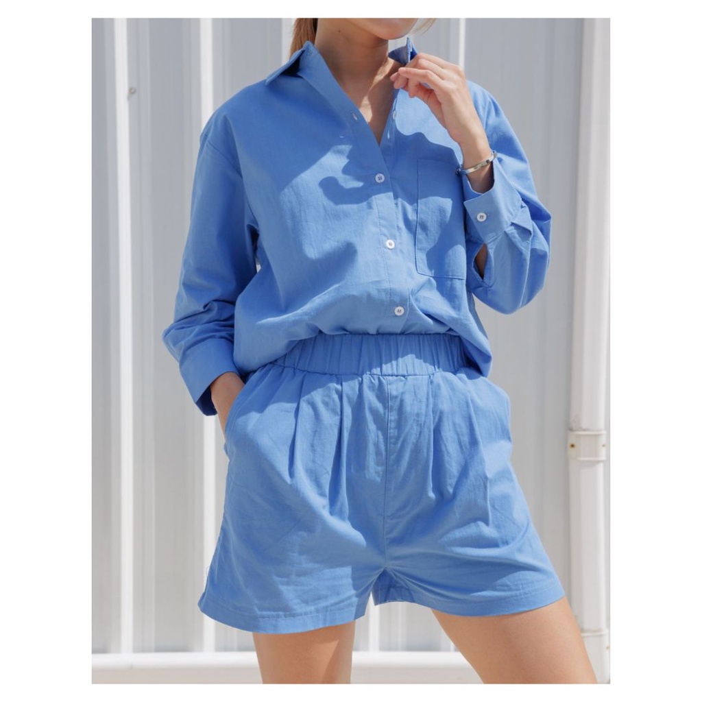 YNO L/S Shirt + shorts set ชุดเซ็ทเสื้อเชิ๊ตแขนยาว + กางเกงขาสั้นเอวยืด 29003