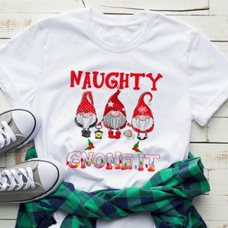 Christmas Shirt- Naughty And I Gnome It Three Gnomes Funny New Year Party Dress Womens Round Neck Short Sleeve T-shirt