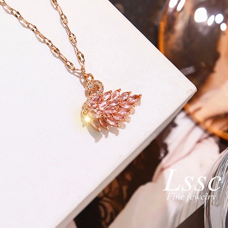 Stainless Steel Necklace For Womem 18K Gold Pink Swan Luxury Pendant Jewelry Gifts แฟชั่น สร้อยคอ