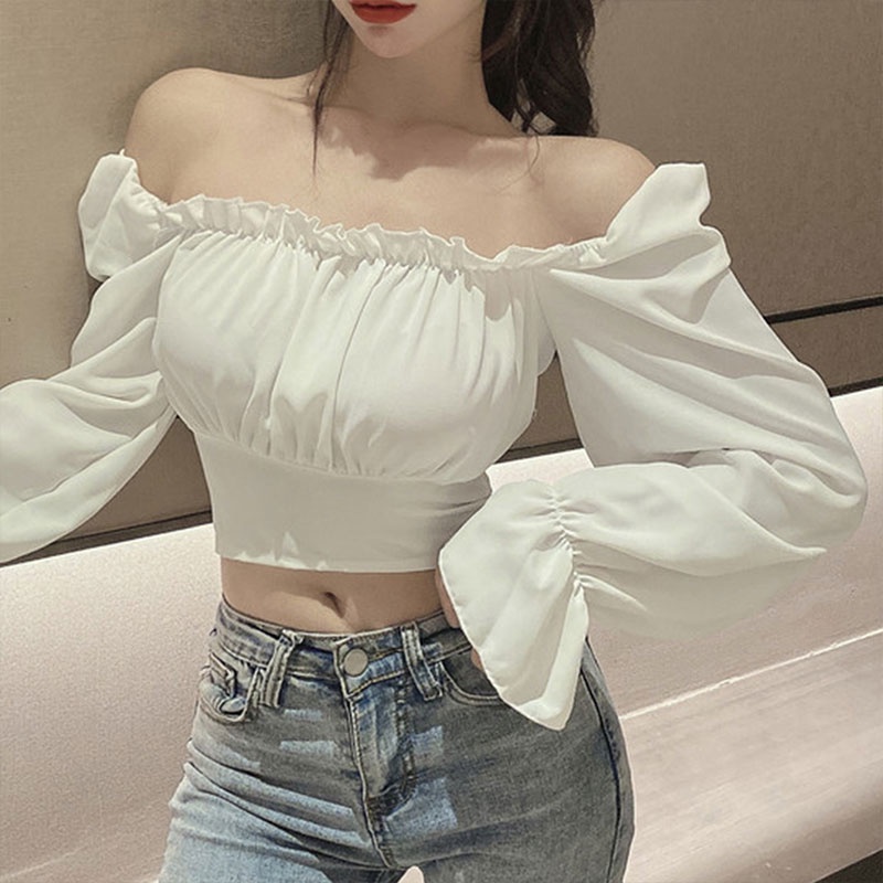พร้อมส่ง เสื้อครอปลำลองปาดไหล่