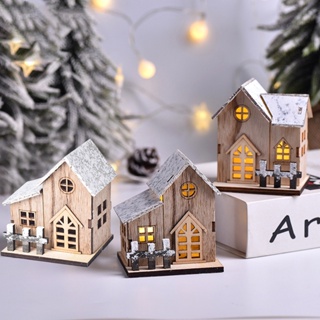 【AG】Christmas House Wooden Glowing Decorative Festival Ornamental Table Centerpieces Ornaments Kids Gift Mini LED Light Xmas Village Farmhouse Decoration Tabletop Crafts for Home