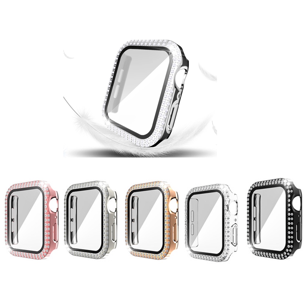 เคสกระจกนิรภัย PC แบบแข็ง ป้องกันหน้าจอ ประดับเพชรคริสตัล สําหรับ Apple Watch Series SE 7 6 5 4 3 2 1 38 มม. 40 มม. 42 มม. 44 มม. 41 มม. 45 มม.