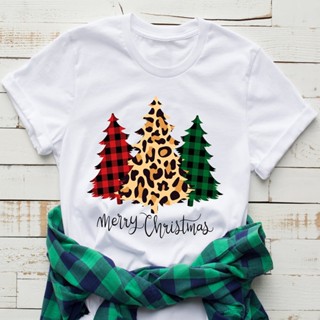 เสื้อยืด Merry Christmas Tree Colored Graphic Tee Women Cotton T Shirt Christmas Shirt Christmas Holiday Gift DropShip