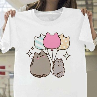 เสือยืดผู้ชาย - คาวาอี้ Pusheen แมวฮาราจูกุตลกการ์ตูนเสื้อยืดฮาราจูกุผู้หญิง O-collar เสื้อยืดแขนสั