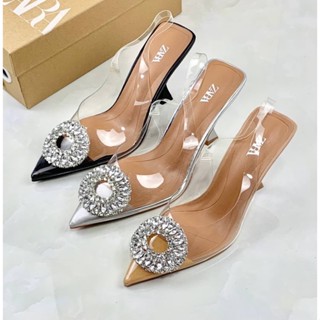 รองเท้าส้นสูง ZR - Cystals Embellished Transparent Slingback Shoes Hi-Endพร้อมกล่องอุปกรณ์ครบเซต