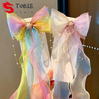 Tobie กิ๊บติดผมริบบิ้นโบว์ ประดับมุก สไตล์เจ้าหญิง สีฟ้า สีเหลือง สีชมพู เครื่องประดับ สําหรับเด็กผู้หญิง