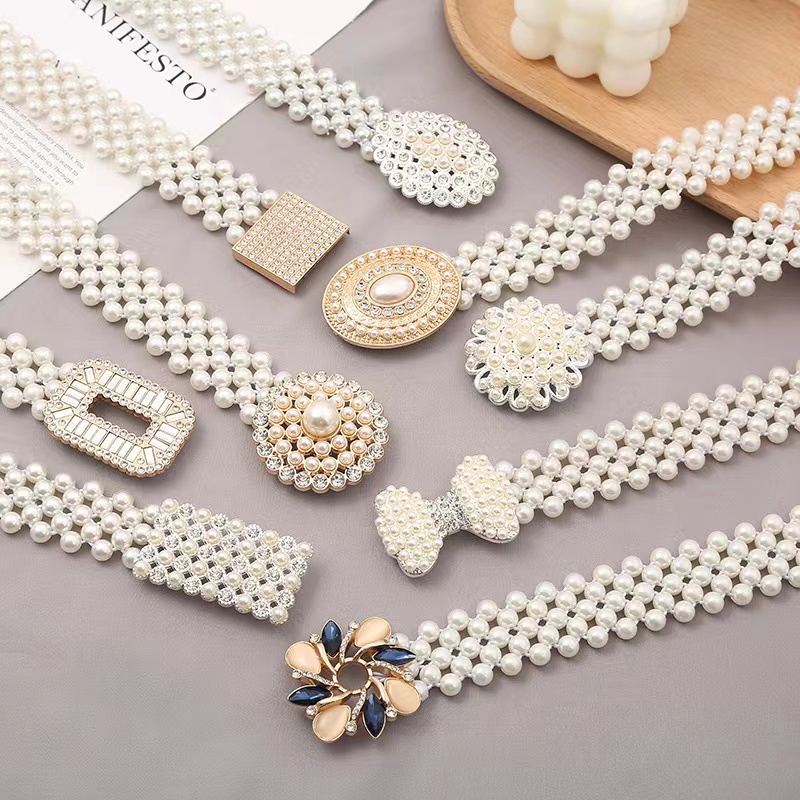 Vintage jewelryเข็มขัดไข่มุกแฟชั่น เข็มขัดดอกไม้ทอโซ่มุก เด็กใส่ได้
