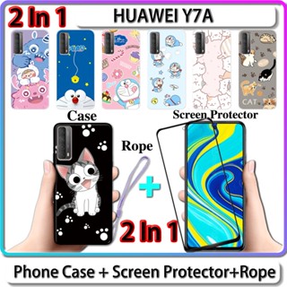 เคส HUAWEI Y7A พร้อมกระจกกันรอยหน้าจอเซรามิกแบบโค้งของแมวและโดราเอมอน 2 IN 1