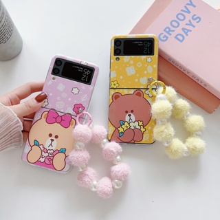 เคสโทรศัพท์มือถือ PC แข็ง กันกระแทก ลายการ์ตูนหมี กระต่ายน่ารัก พร้อมสายโซ่ สําหรับ Samsung Galaxy Z Flip 4 5G Z Flip 3