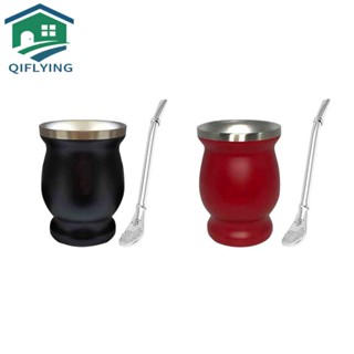 ถ้วยชาน้ําเต้าสองชั้น 8oz สแตนเลส Yerba Mate Tea Cup Straw Set