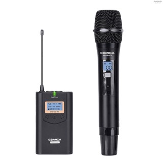 Comica CVM-WM100H ระบบไมโครโฟนไร้สาย UHF 48 ช่อง ระยะ 328 ฟุต ระดับเสียง 16 ระดับ เรียลไทม์ พร้อมตัวรับส่งสัญญาณ กระเป๋าพกพา XLR และสายเคเบิลเอาท์พุต 3.5 มม.