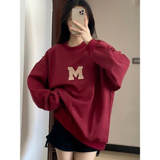 Pure cotton sweater womens loose oversize spring and autumn Korean version embroidered wine red round neck top coat ins