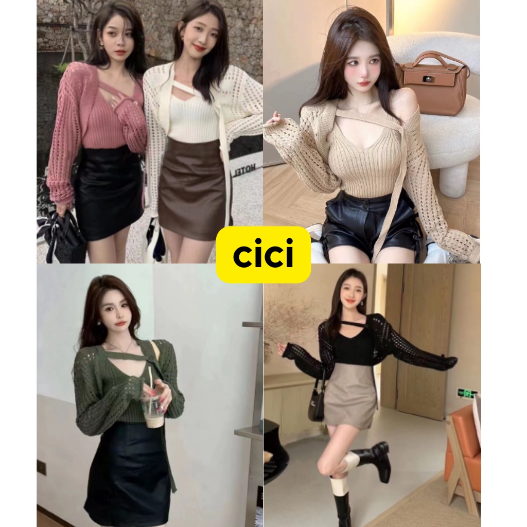 Cici พร้อมส่ง (Z86017)Knit Set สายเดี่ยวไหมพรม+เสื้อคลุมตาข่าย จับคู่แมตช์เกาๆสุดฮิต
