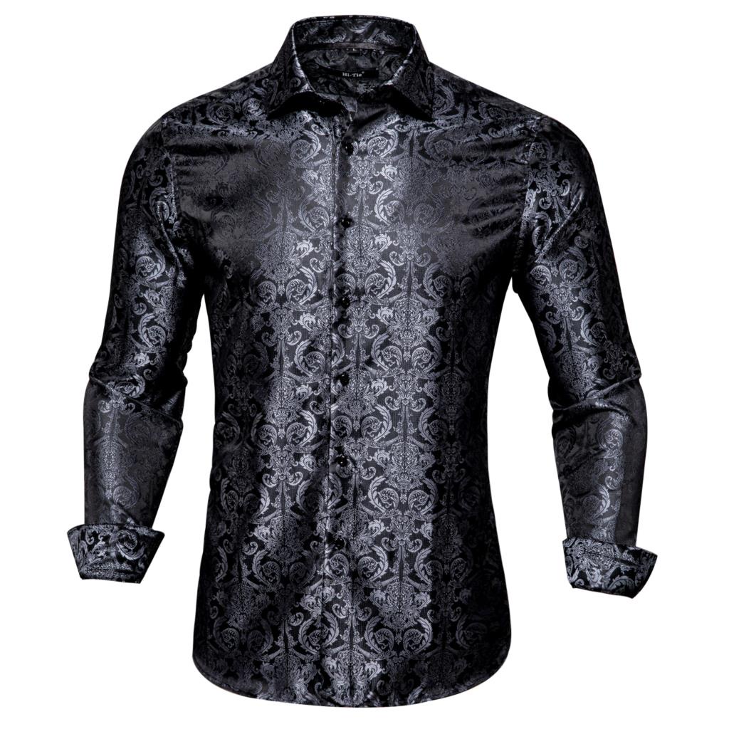 Hi-Tie High Quality Silk Mens Shirts Long Sleeve Black Brown Paisley Floral Shirt Slim Fit For Men Male Dress Jeans Suit