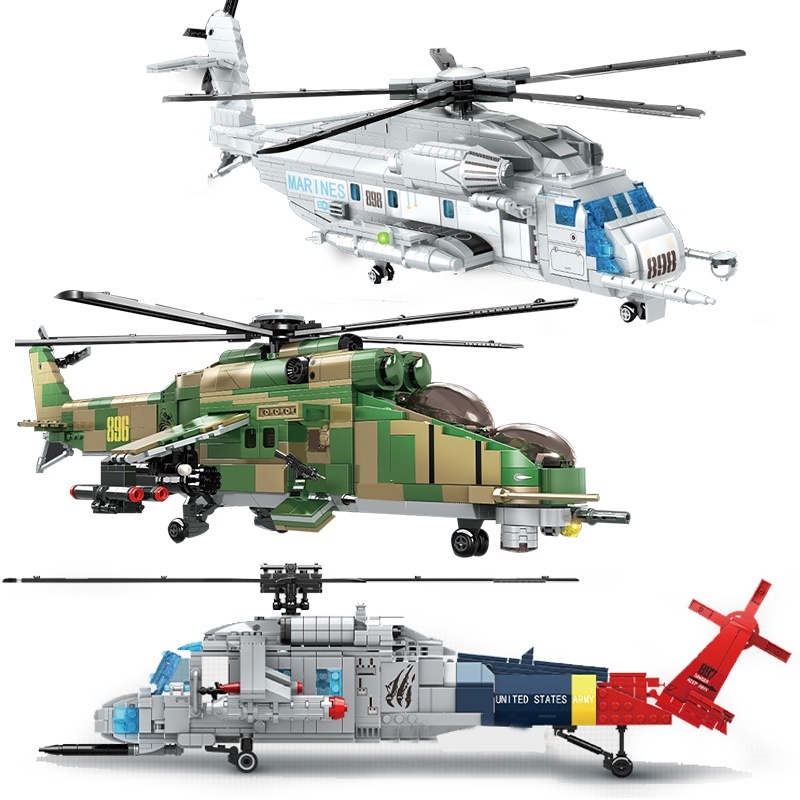 LEGO เครื่องบินกู้ภัยทหารเฮลิคอปเตอร์ขนส่งเครื่องบินรุ่น US UH-60 Black Hawk Army Building Blocks WW