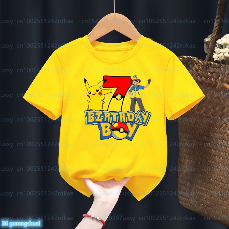 2023ใหม่ชายเสื้อยืดตลกโปเกมอนวันเกิดพิมพ์ดิจิตอล2-11ปีชายวันเกิด เสื้อยืด แฟชั่นฮาราจูกุเสื้อผ้าเด็ก เสื้อยืด เสื้อสีเหลืองด้านบน