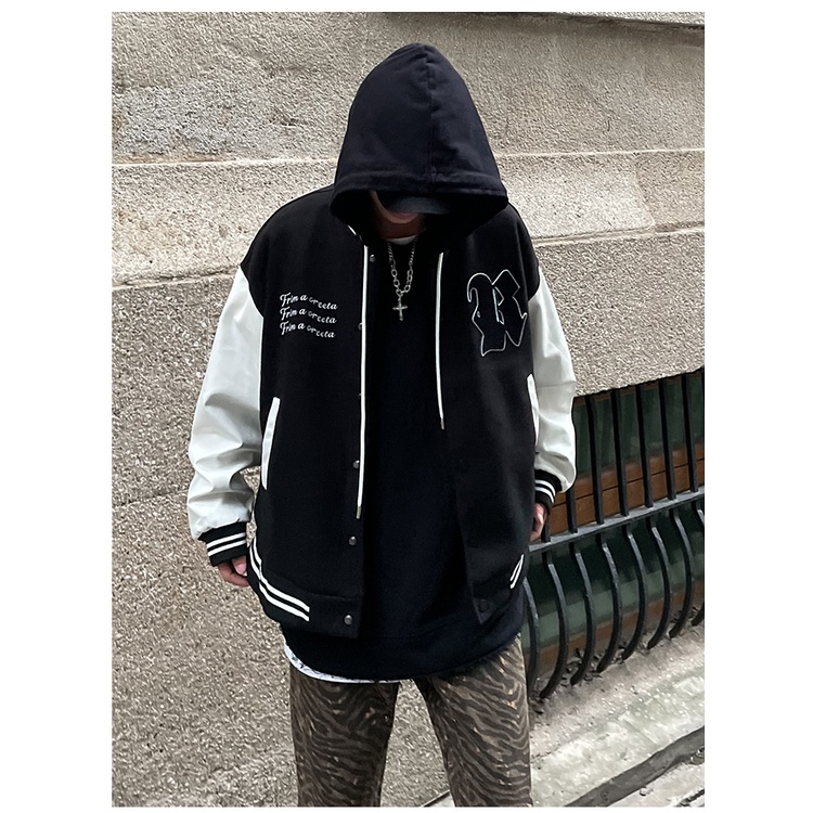 BBlack Red Oversize Varsity Jacket Vintage Men R Letter Embroidery Baseball Bomber Coats Women Hip Hop Streetwear Leathe #3