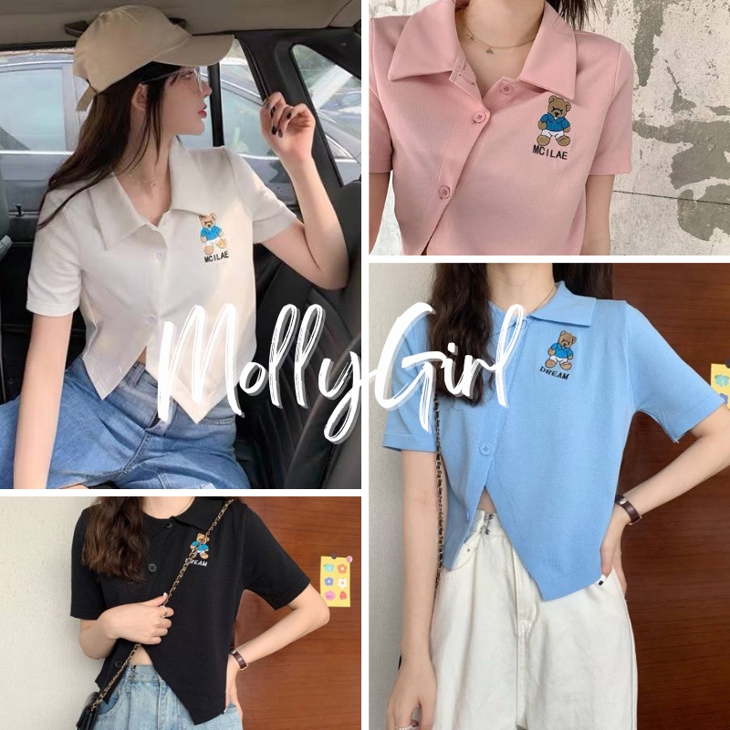 Mollygirl เสื้อไหมพรมคอปกกระดุมหน้าปักลายน้องหมี เสื้อยืด เสื้อแฟชั่นผญ