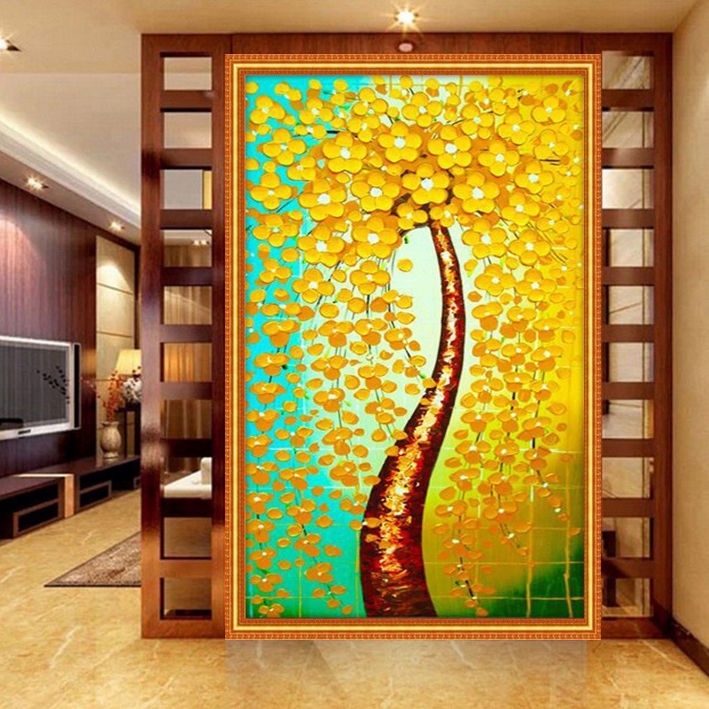 🟪💎ครอสติสคริสตัล Diamond painting ชุดอุปกรณ์ เม็ดเหลี่ยม ติดเต็มแผ่น 50x100 cm ต้นไม้มงคล เรียกทรัพย