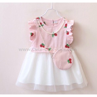 DT-048 ชุดเสื้อ+กระโปรงเด็ก สีโอโรส ลาย Cherry Size-120 (5-6Y)