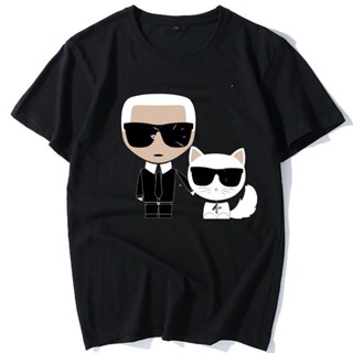 ราคาต่ำสุด!!เสื้อยืดคอกลม ผ้าฝ้าย พิมพ์ลายกราฟฟิค Karl lagerfeld สีขาว สําหรับผู้ชายS-3XL