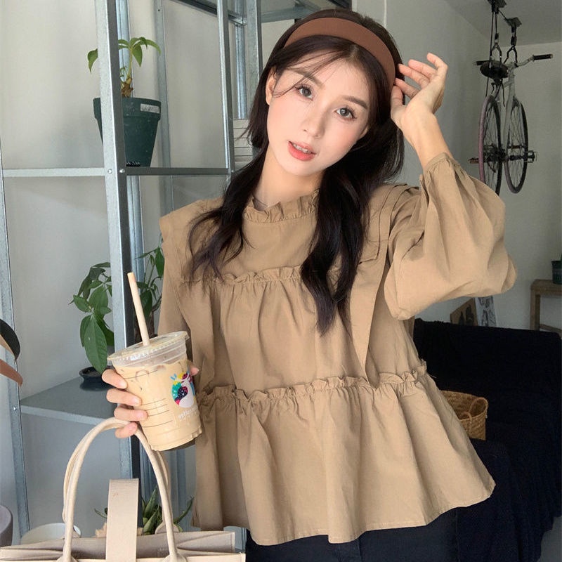 ใหม่ เสื้อเชิ้ตแขนยาว คอกลม แต่งขอบเห็ด เข้ากับทุกการแต่งกาย แฟชั่นฤดูใบไม้ร่วง สําหรับผู้หญิง 2024