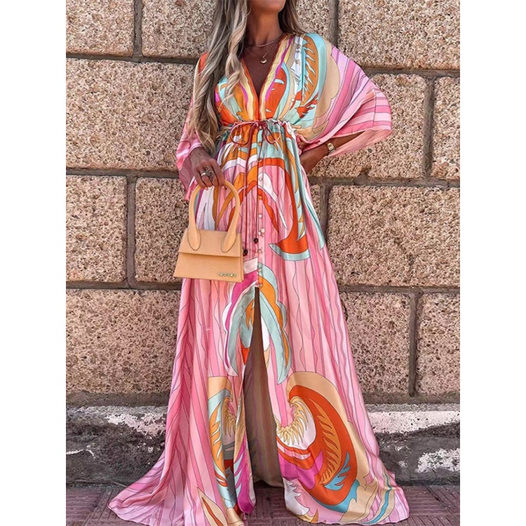 ASummer Print Casual Women Dresses Oversized Holiday Beach Dress Boho Long Cover-Up Dress Female Long Sleeve Loose Tunic #1