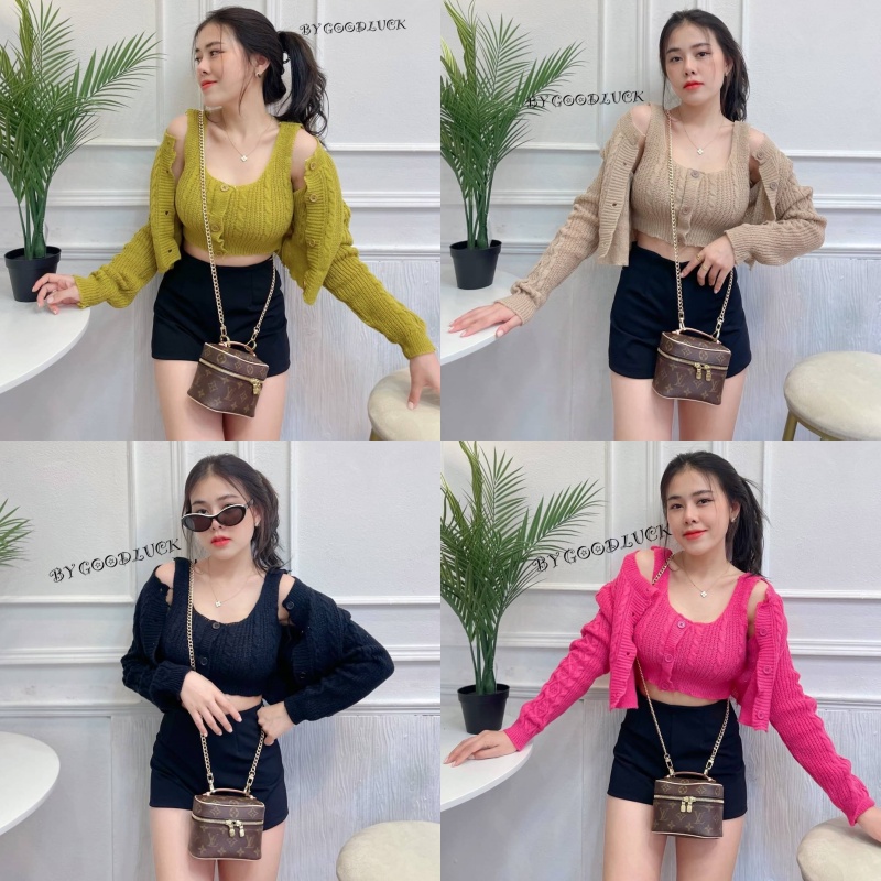 SpinnyHouse ชุดเซ็ต 2ชิ้น ครอปกล้าม+เสื้อคลุมคาร์ดิแกน ผ้าไหมพรม น่ารักมาก แบ๊ว รุ่น ลาบ