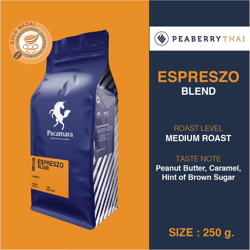 Pacamara Espreszo Blend 250g เมล็ดกาแฟไทย+นอก อาราบิก้า 100% คั่วกลาง ขนาดบรรจุ 250 กรัม