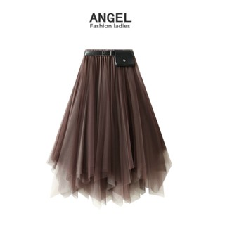 【 5 สี 】 ANGEL แฟชั่นผู้หญิงกระโปรง midi ตาข่ายสีทึบผิดปกติเกาหลีเอวสูงยางยืดสีแดงบางแกว่งกระโปรงตูตูกระโปรงยาวสําหรับผู้หญิง