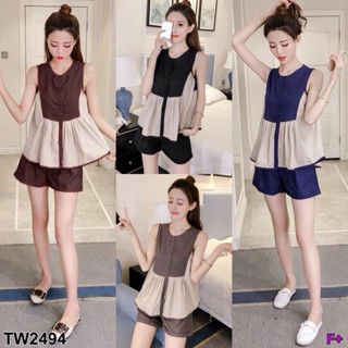 CS2494  Set 2 ชิ้น เสื้อเชิ้ตคอกลม แขนกุด งานเย็บตัดต่อ ทูโทน  Set of 2 pieces, round neck shirt, sleeveless, sewing wor