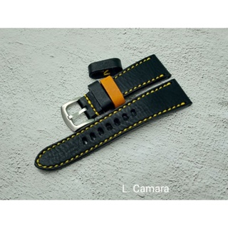 สายนาฬิกาหนังแท้สีดำ ด้ายสีเหลือง Watch Straps แถม!! สปริงบาร์ 1 คู่ (ผลิตในไทย)