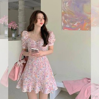 พร้อมส่ง # 🌷🥀2022 New Floral Dress French Square Neck Waist Puff Sleeve Dress