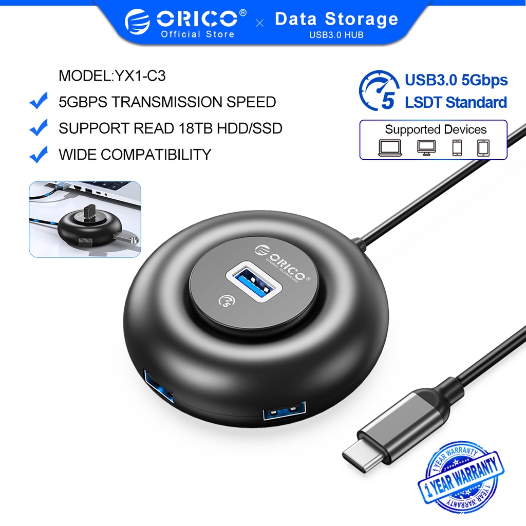 Orico Type C Hub แบบพกพา USB C ถึง USB 3.0 สถานีเชื่อมต่อรอบพร้อมพอร์ตข้อมูล USB 3.0 5 Gbps, เครื่องอ่านการ์ด TF/SD, เสียง/ไมโครโฟน, เข้ากันได้กับ Windows , Mac OS และ Linux(YX-C)