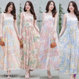 16827 แม็กซี่เดรส แขนกุด แต่งระบาย ลายดอก Maxi dress, sleeveless, decorated with ruffles, floral print