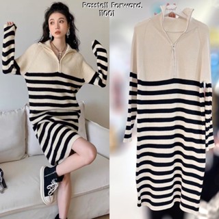 🇰🇷New🇰🇷  Korea stripe zippy maxidress Dressนิตลายทางผ้าทอ แต่งซิปหน้า ใส่สวยเก๋มาก